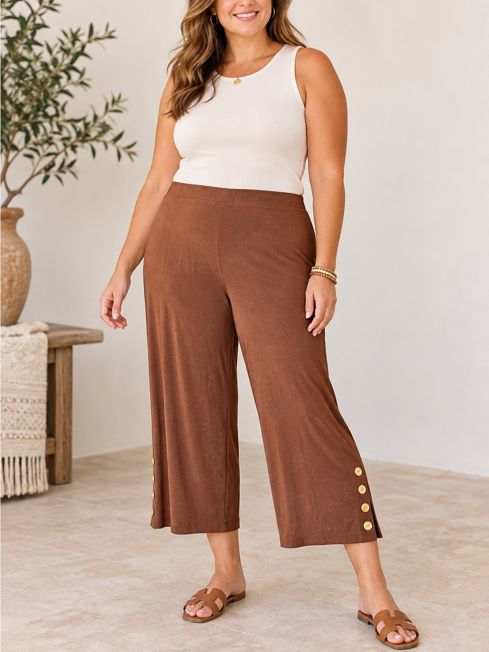 Chico's NWT Travelers High Waisted Button Hem Crop Pull-On Pant Chestnut XXL